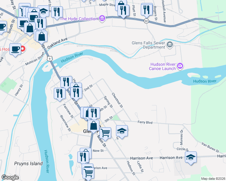 map of restaurants, bars, coffee shops, grocery stores, and more near 17 Chestnut Street in South Glens Falls