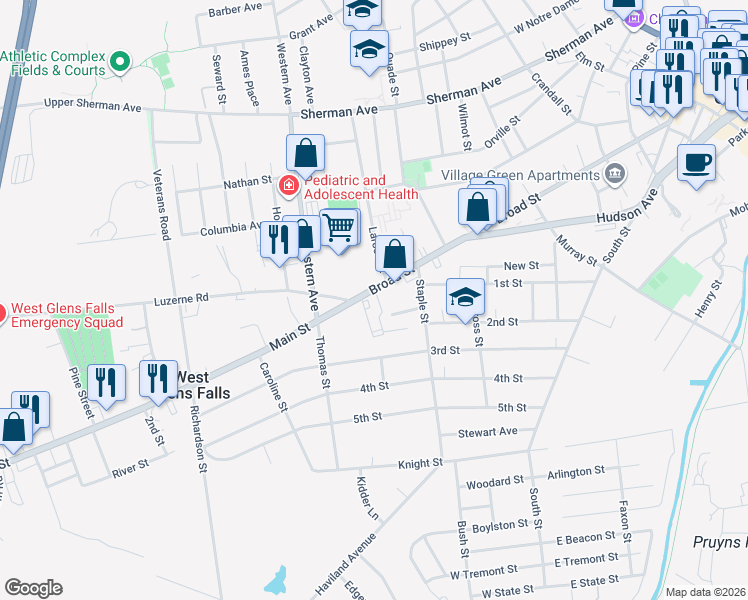 map of restaurants, bars, coffee shops, grocery stores, and more near 182 Broad Street in Glens Falls