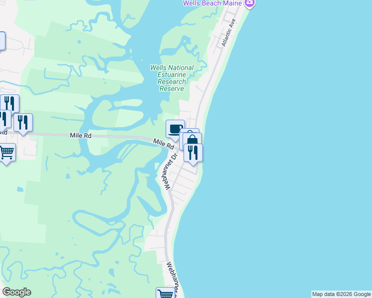 map of restaurants, bars, coffee shops, grocery stores, and more near 7 Proulx Lane in Wells