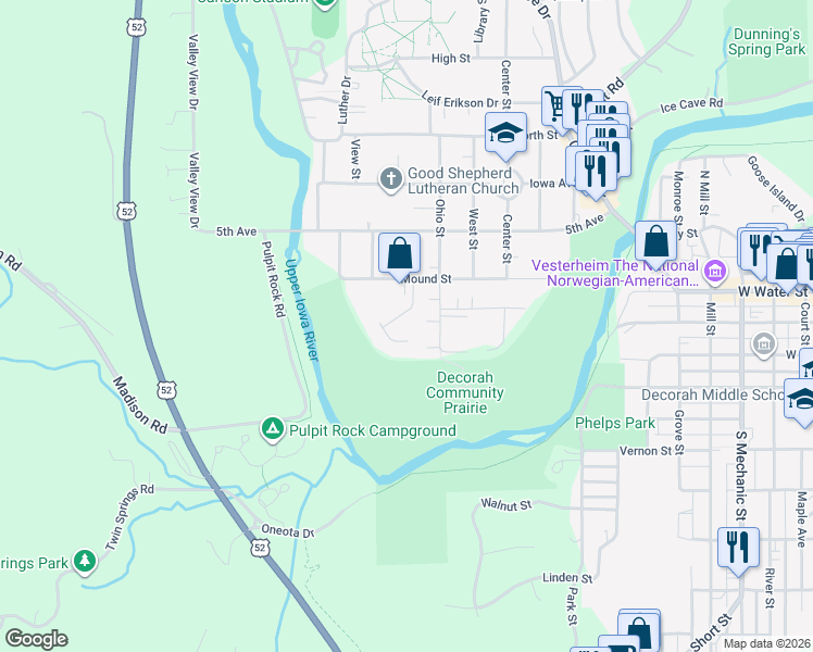 map of restaurants, bars, coffee shops, grocery stores, and more near 705 Serenity Drive in Decorah