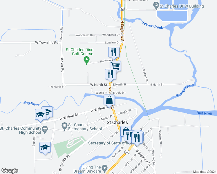 map of restaurants, bars, coffee shops, grocery stores, and more near 921 North Saginaw Street in Saint Charles