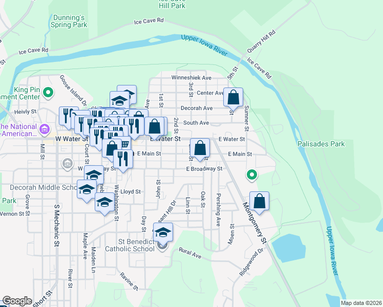 map of restaurants, bars, coffee shops, grocery stores, and more near 198 Linn Street in Decorah