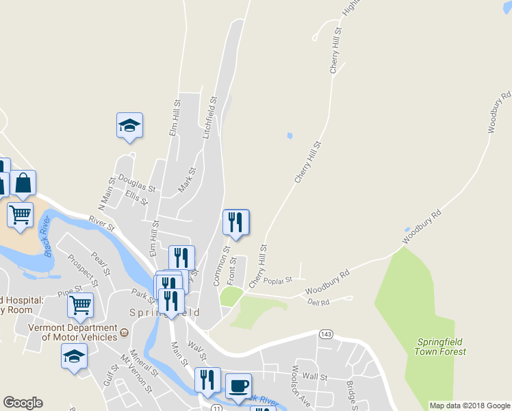 map of restaurants, bars, coffee shops, grocery stores, and more near 68 Cherry Hill Street in Springfield
