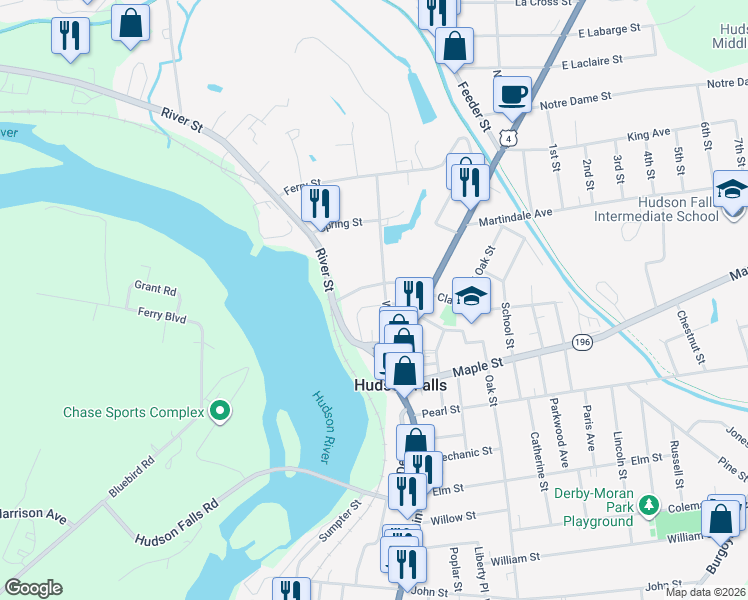 map of restaurants, bars, coffee shops, grocery stores, and more near 21 Wall Street in Hudson Falls