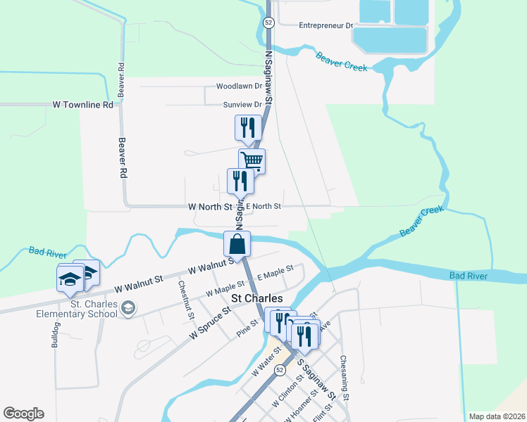 map of restaurants, bars, coffee shops, grocery stores, and more near 202 East North Street in Saint Charles