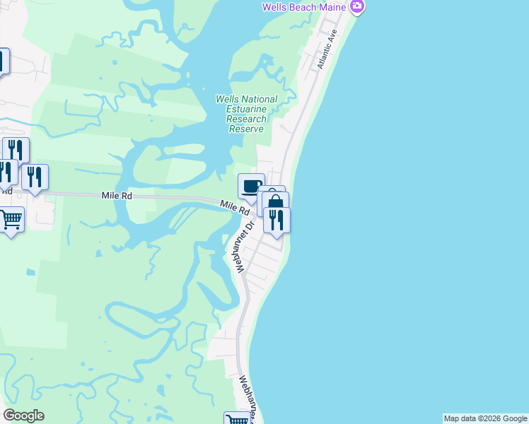 map of restaurants, bars, coffee shops, grocery stores, and more near 7 Proulx Lane in Wells