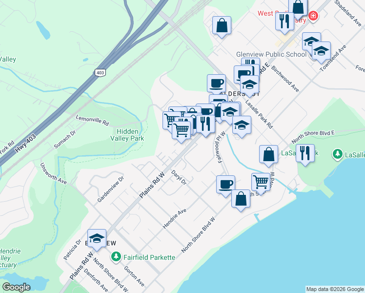 map of restaurants, bars, coffee shops, grocery stores, and more near 141 Plains Road West in Burlington