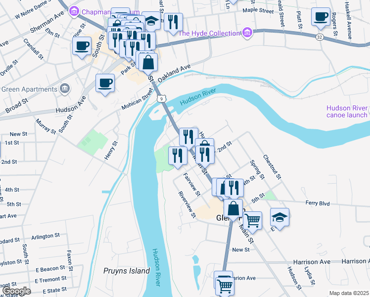 map of restaurants, bars, coffee shops, grocery stores, and more near 28 Main Street in South Glens Falls