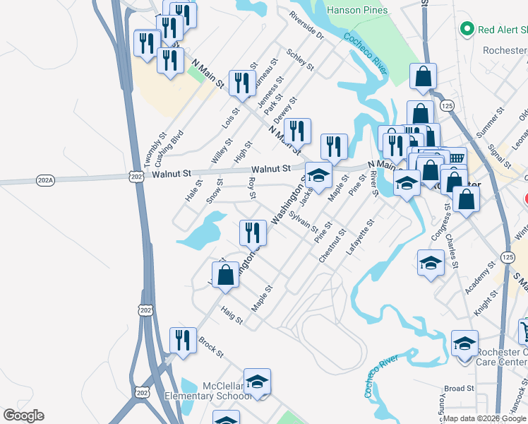 map of restaurants, bars, coffee shops, grocery stores, and more near 2 Roy Street in Rochester