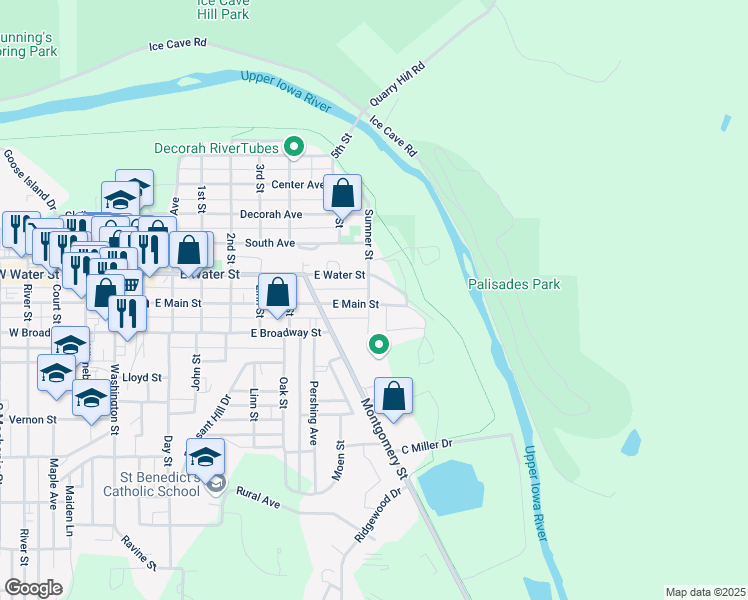 map of restaurants, bars, coffee shops, grocery stores, and more near 304 Sumner Street in Decorah