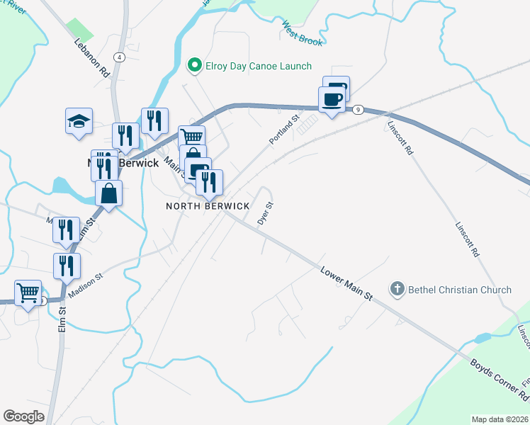 map of restaurants, bars, coffee shops, grocery stores, and more near Dyer Street in North Berwick