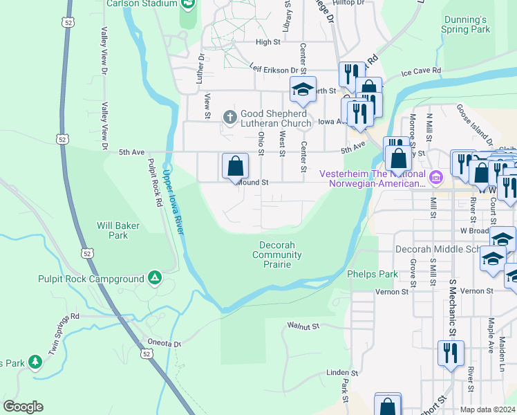 map of restaurants, bars, coffee shops, grocery stores, and more near 5 Ohio Street in Decorah