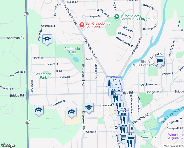 map of restaurants, bars, coffee shops, grocery stores, and more near W67N768 Franklin Avenue in Cedarburg