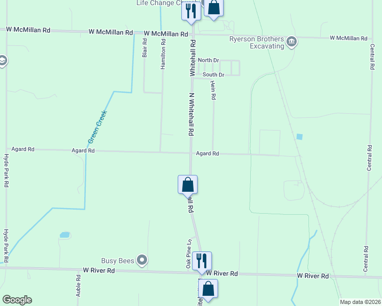 map of restaurants, bars, coffee shops, grocery stores, and more near 2628 North Whitehall Road in Muskegon