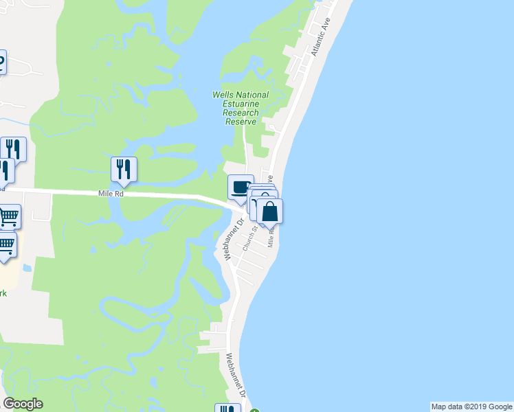 map of restaurants, bars, coffee shops, grocery stores, and more near 7 Proulx Lane in Wells
