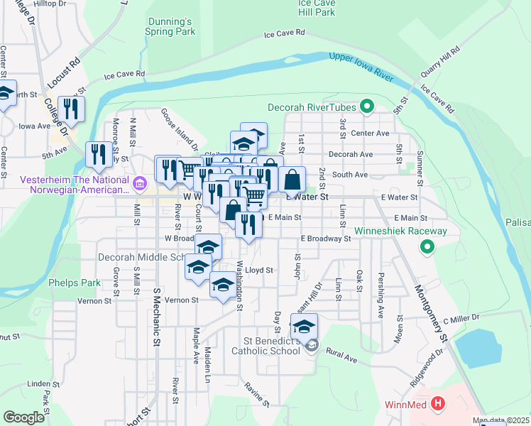 map of restaurants, bars, coffee shops, grocery stores, and more near 200 East Main Street in Decorah