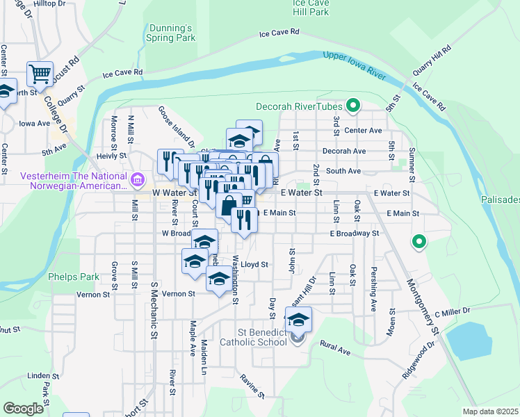 map of restaurants, bars, coffee shops, grocery stores, and more near 200 East Main Street in Decorah