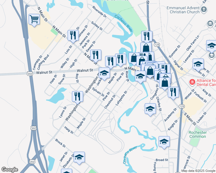 map of restaurants, bars, coffee shops, grocery stores, and more near 43 Pine Street in Rochester