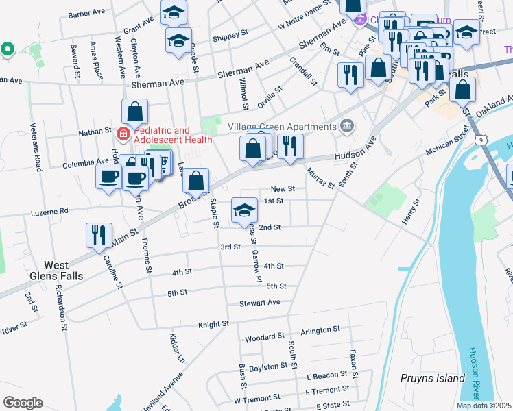 map of restaurants, bars, coffee shops, grocery stores, and more near 46 1st Street in Glens Falls