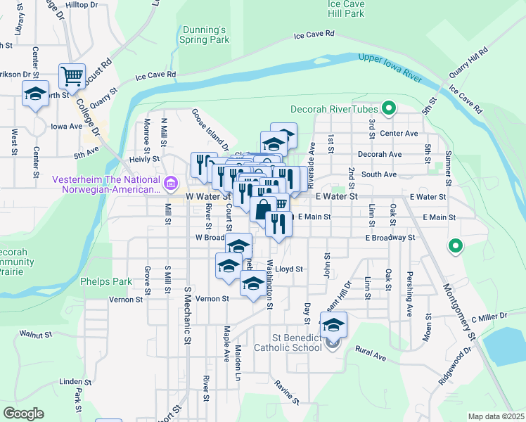 map of restaurants, bars, coffee shops, grocery stores, and more near 115 Washington Street in Decorah