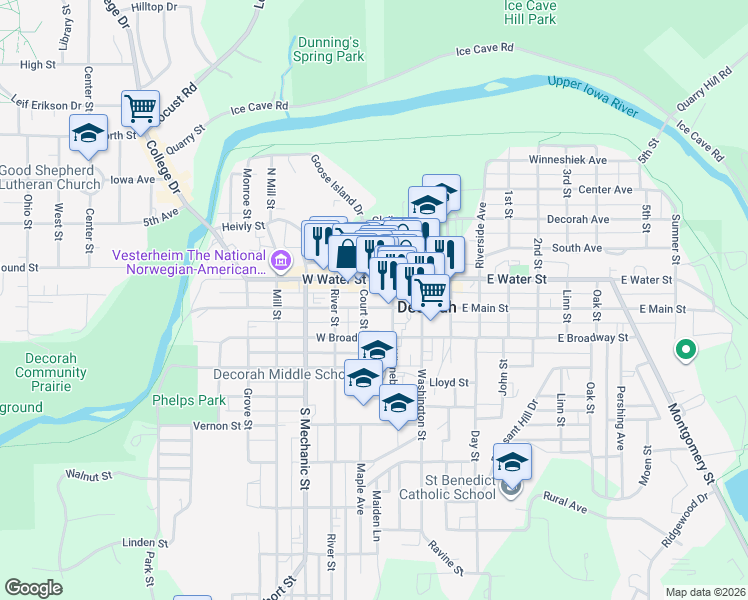 map of restaurants, bars, coffee shops, grocery stores, and more near 208 West Main Street in Decorah