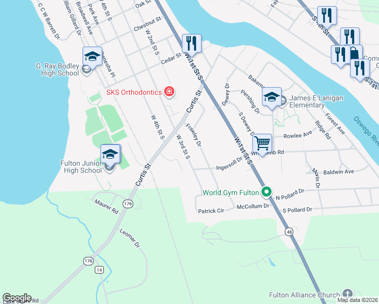map of restaurants, bars, coffee shops, grocery stores, and more near 815 West 3rd Street South in Fulton