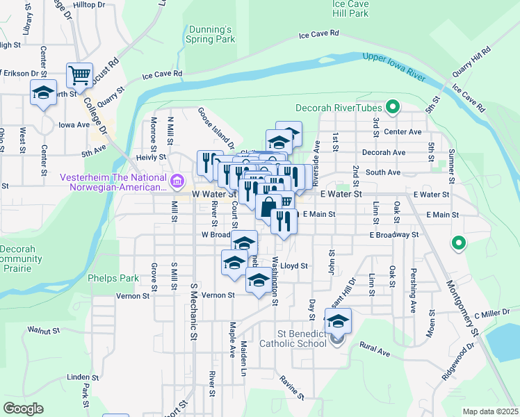 map of restaurants, bars, coffee shops, grocery stores, and more near 115 Washington St in Decorah