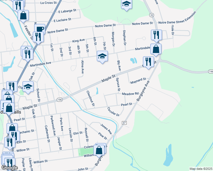 map of restaurants, bars, coffee shops, grocery stores, and more near 124 New York 196 in Hudson Falls