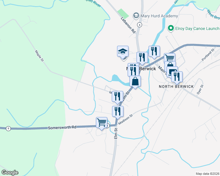 map of restaurants, bars, coffee shops, grocery stores, and more near 28 Littlefield Court in North Berwick