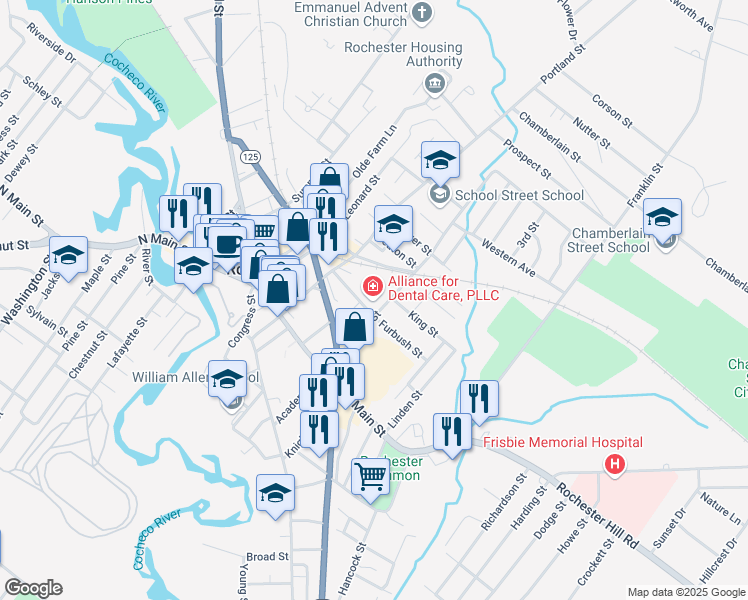 map of restaurants, bars, coffee shops, grocery stores, and more near 40 Winter Street in Rochester