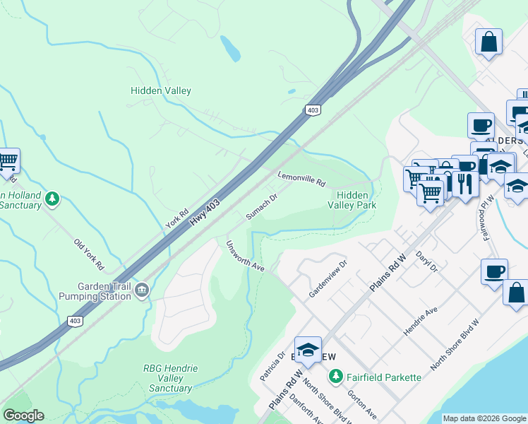 map of restaurants, bars, coffee shops, grocery stores, and more near 288 Sumach Drive in Burlington