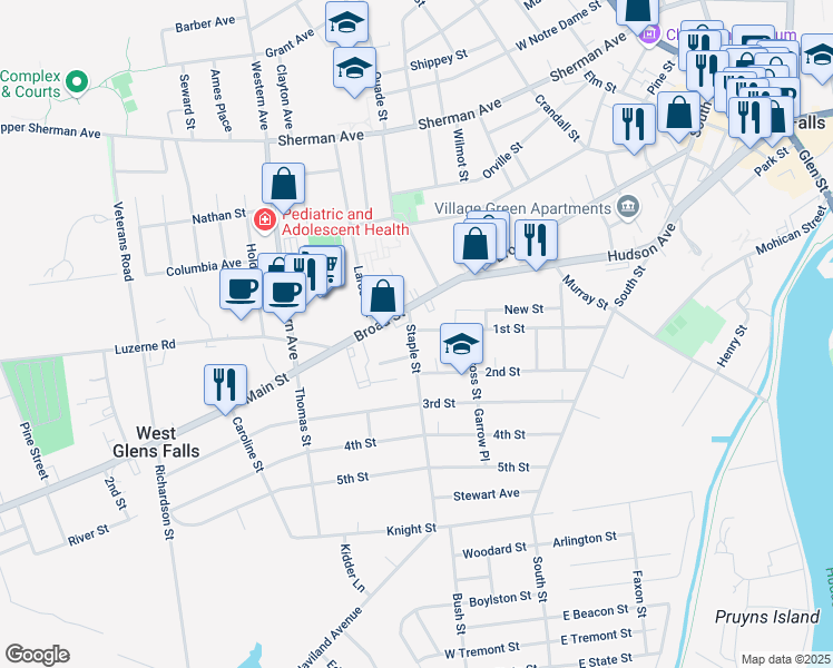 map of restaurants, bars, coffee shops, grocery stores, and more near 68 Staple Street in Glens Falls