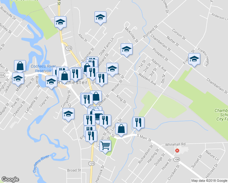 map of restaurants, bars, coffee shops, grocery stores, and more near 43 Winter Street in Rochester