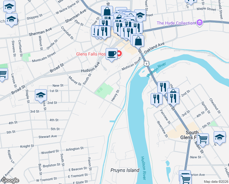 map of restaurants, bars, coffee shops, grocery stores, and more near 6 Henry Street in Glens Falls