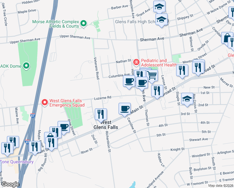 map of restaurants, bars, coffee shops, grocery stores, and more near 17 Luzerne Road in West Glens Falls