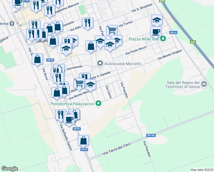 map of restaurants, bars, coffee shops, grocery stores, and more near 13 Via Carso in Cecina