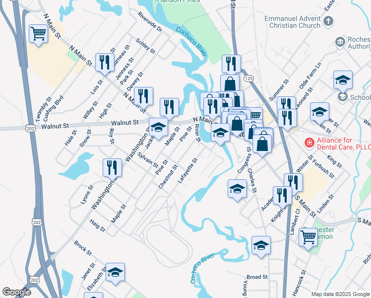 map of restaurants, bars, coffee shops, grocery stores, and more near 15 Chestnut Street in Rochester