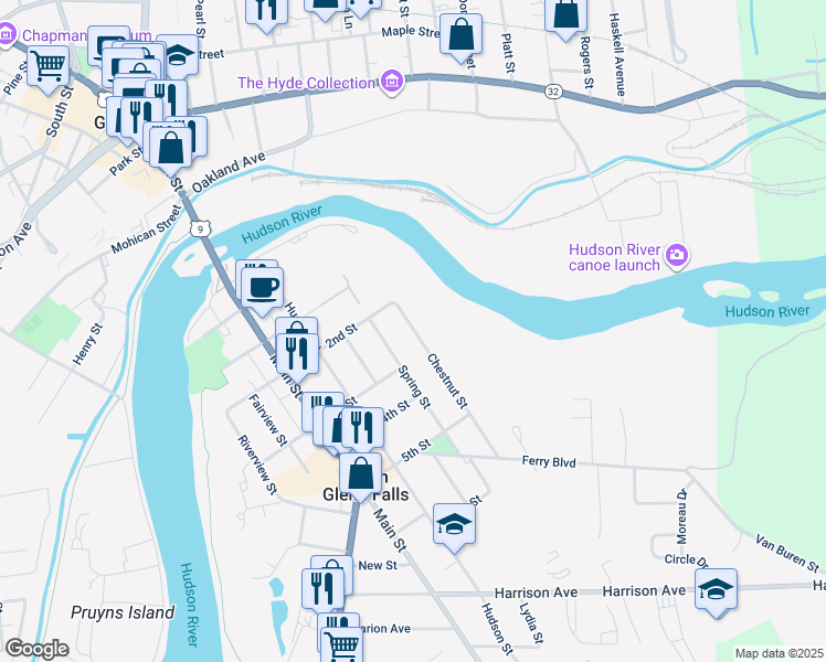 map of restaurants, bars, coffee shops, grocery stores, and more near 10 Chestnut Street in South Glens Falls