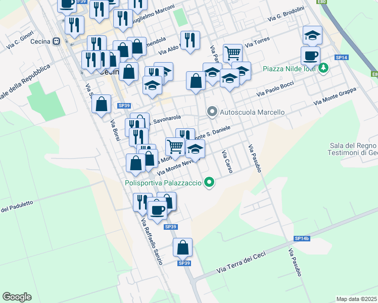 map of restaurants, bars, coffee shops, grocery stores, and more near 54 Via Montegrappa in Cecina