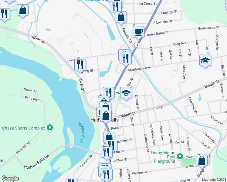 map of restaurants, bars, coffee shops, grocery stores, and more near Main Street & Walnut Street in Hudson Falls