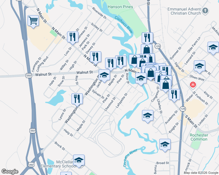 map of restaurants, bars, coffee shops, grocery stores, and more near 43 Pine Street in Rochester