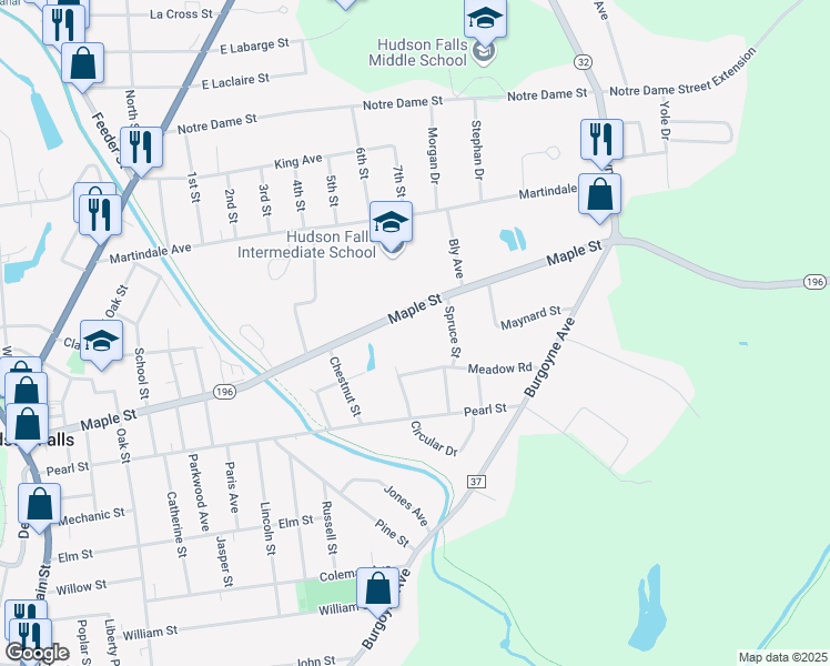 map of restaurants, bars, coffee shops, grocery stores, and more near 124 New York 196 in Hudson Falls