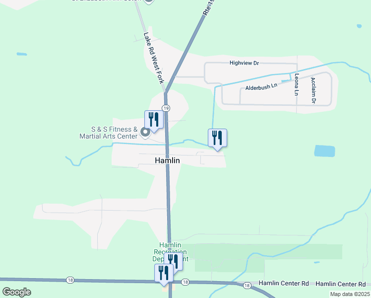 map of restaurants, bars, coffee shops, grocery stores, and more near 110 Railroad Avenue in Hamlin