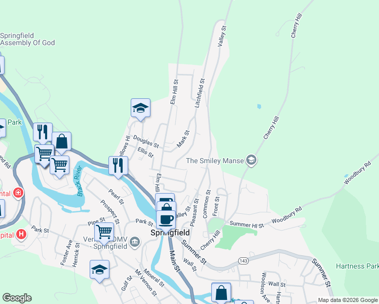 map of restaurants, bars, coffee shops, grocery stores, and more near 13 Litchfield Street in Springfield