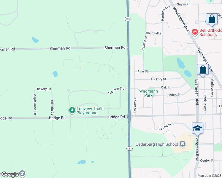 map of restaurants, bars, coffee shops, grocery stores, and more near N78W7780 Topview Trail in Cedarburg