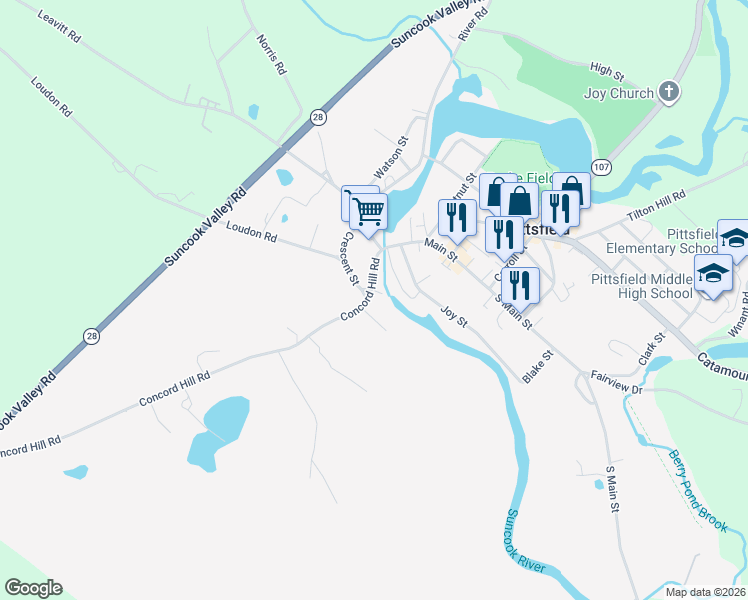 map of restaurants, bars, coffee shops, grocery stores, and more near 22 Concord Hill Road in Pittsfield