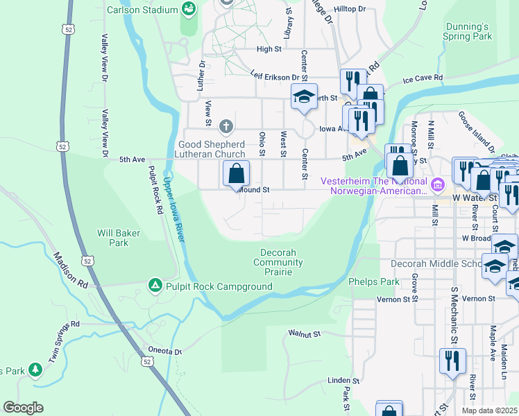 map of restaurants, bars, coffee shops, grocery stores, and more near 5 Ohio Street in Decorah