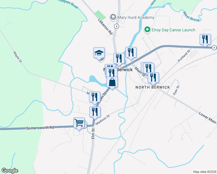 map of restaurants, bars, coffee shops, grocery stores, and more near 34 Elm Street in North Berwick