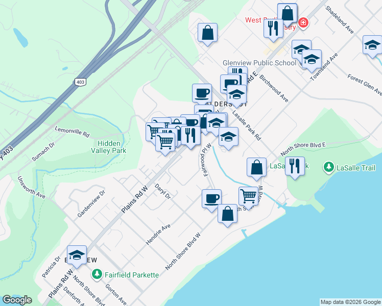 map of restaurants, bars, coffee shops, grocery stores, and more near 100 Plains Road West in Burlington