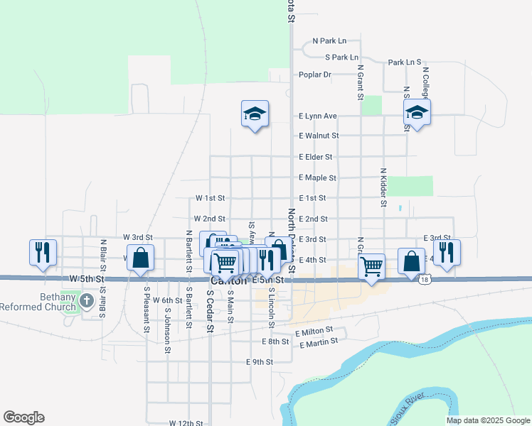 map of restaurants, bars, coffee shops, grocery stores, and more near 224 East 2nd Street in Canton